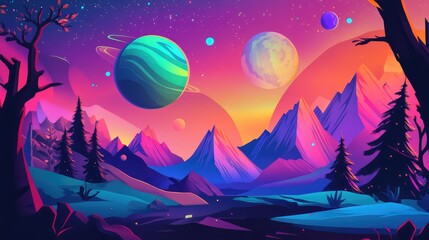 Fototapeta premium Horizontal illustration of future landscape with mountains, planets, trees, moon. Surrealist concept of escape. The generation of AI