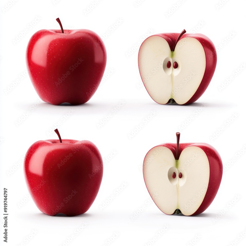 Sticker Two whole red apples and two halved red apples with seeds on a white background.