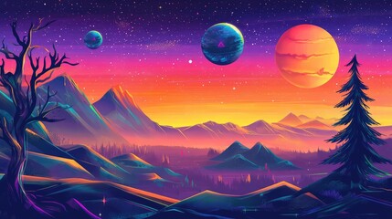 Obraz premium Horizontal illustration of future landscape with mountains, planets, trees, moon. Surrealist concept of escape. The generation of AI