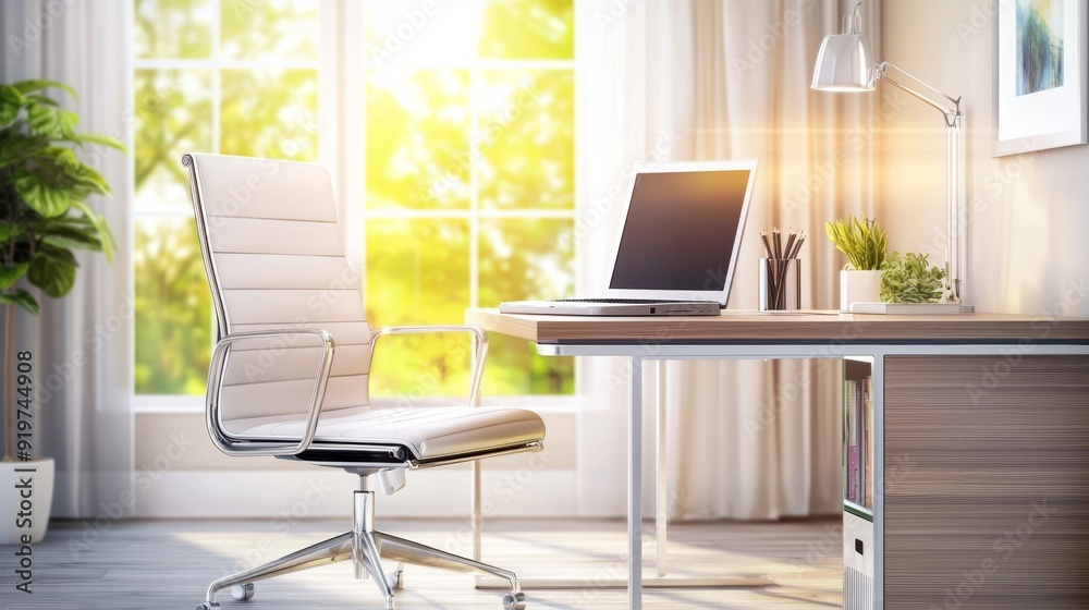 Sticker a white chair and a laptop computer sitting on desk 