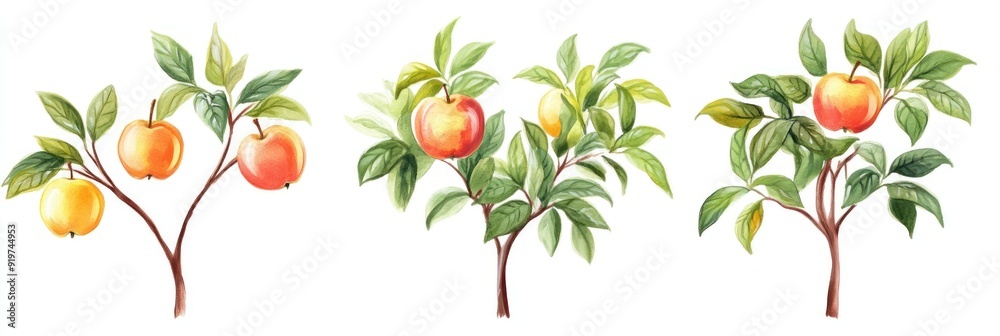 Sticker Watercolor painting of four apple tree branches with red and yellow apples on a white background.