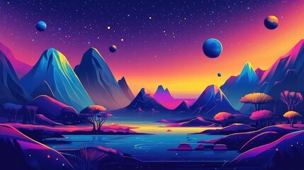 Horizontal illustration of future landscape with mountains, planets, trees, moon. Surrealist concept of escape. The generation of AI