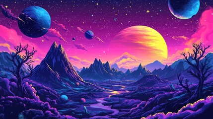 Fototapeta premium Horizontal illustration of future landscape with mountains, planets, trees, moon. Surrealist concept of escape. The generation of AI