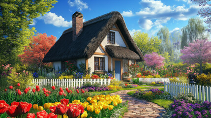 3. Cozy countryside cottage with a thatched roof, colorful garden filled with roses, tulips, and a white picket fence