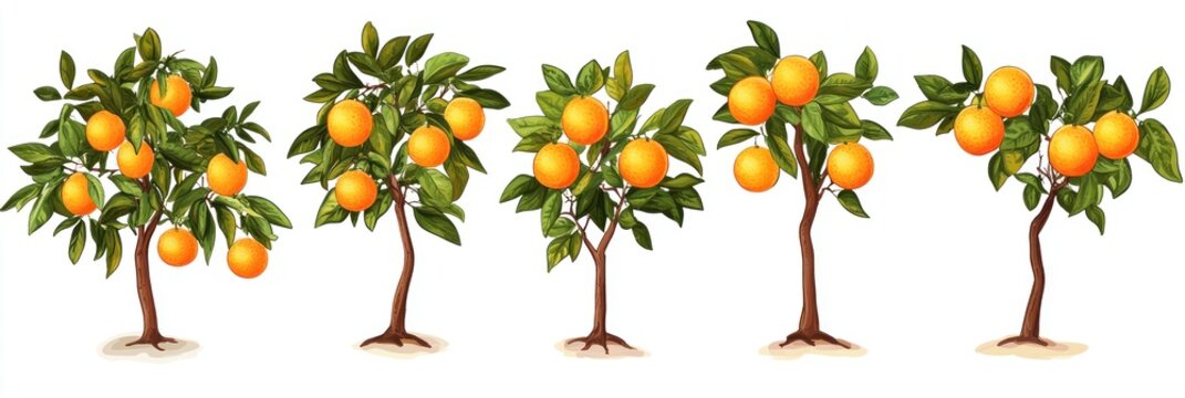 Five orange trees with green leaves and orange fruits on a white background.
