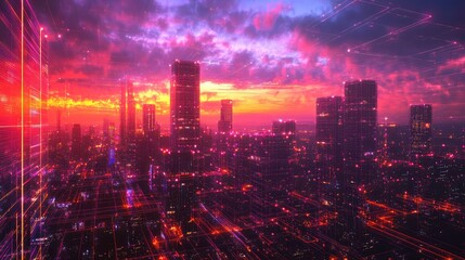 Fototapeta premium Big city night scene in cyberpunk style, futuristic nostalgia 80s, 90s. Neon lights vivid colors, photorealistic horizontal illustration. The generation of AI