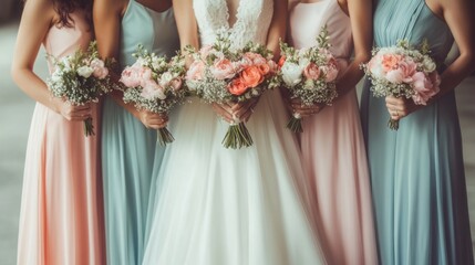 A group of bridesmaids dressed in soft pastel gowns gathers together, holding vibrant bouquets filled with pink flowers.