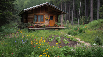 7. Rustic log cabin in the woods with a small vegetable garden, wooden deck, and wildflowers growing around
