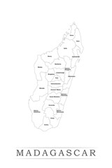 Administrative regions of MADAGASCAR. Province, state, division name with white map with black outline. Vector illustration	