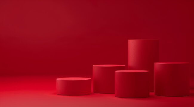 This visually captivating arrangement of cylindrical podiums on a bold red background showcases an array of products or artistic creations, attracting attention and admiration from onlookers