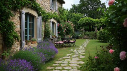11. French country house with lavender fields, a quaint stone pathway, wrought iron garden furniture, and roses climbing up the walls