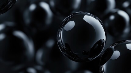 Black background, floating black shiny balls. Shiny banner, 3D scene effect, modern macro photorealistic abstract background. The generation of AI