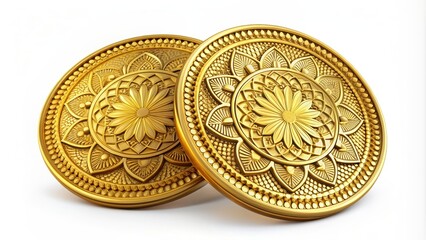 Shiny gold coins with intricate designs on a white background, gold, rich, wealth, currency, money, precious