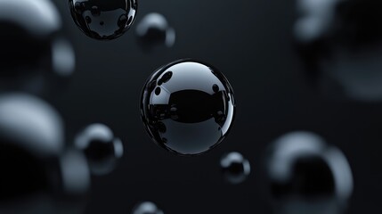 Black background, floating black shiny balls. Shiny banner, 3D scene effect, modern macro photorealistic abstract background. The generation of AI