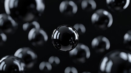 Black background, floating black shiny balls. Shiny banner, 3D scene effect, modern macro photorealistic abstract background. The generation of AI