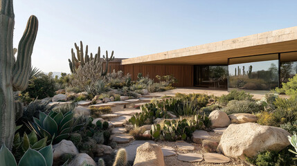 17. Minimalist desert house with a xeriscape garden, cacti, succulents, and stone landscaping