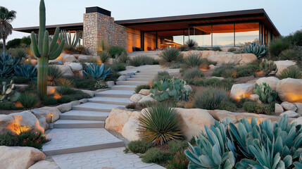 17. Minimalist desert house with a xeriscape garden, cacti, succulents, and stone landscaping