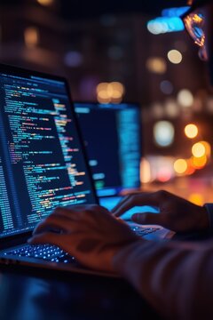 Programmer coding code lines at work with hands at laptop programming at night working with computer screen