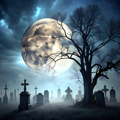 Fototapeta premium Full Moon Over a Spooky Graveyard with Bare Trees and Fog