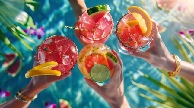 Four people are holding up glasses of fruit punch