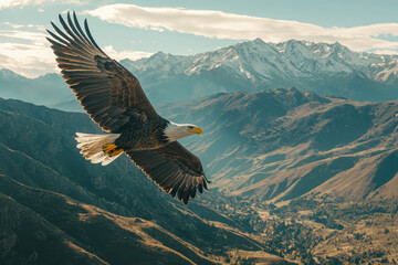 A bald eagle soars effortlessly above stunning mountains, showcasing nature's grandeur and the spirit of freedom in the sky.