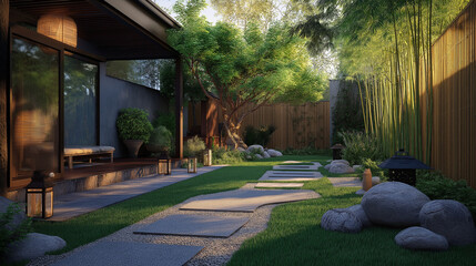 32. Asian-inspired house with a tranquil garden, bamboo, lanterns, and a zen rock garden