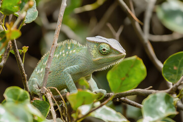 Fototapeta premium A mesmerizing chameleon camouflaged within lush green foliage, showcasing nature’s artistry and the beauty of adaptation.