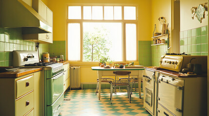 A vintage-style kitchen with retro appliances interior