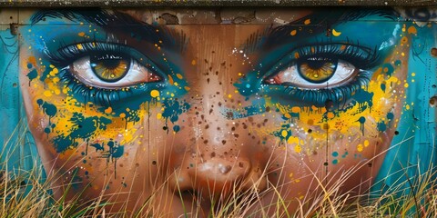 Close-up graffiti mural of intense eyes on a concrete wall with vivid yellow and blue splashes, conveying creativity and urban art.