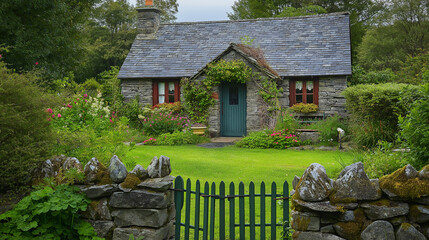 41. Irish cottage with a stone garden wall, clover lawn, and a charming gate