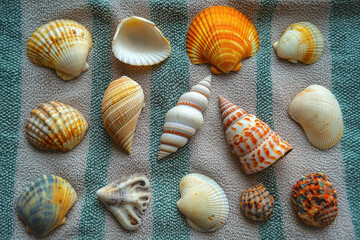 A Captivating Array of Seashells Displayed on a Beach Towel, Showcasing Nature's Artistic Textures and Colors