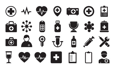 Medical Logo or icons item pack set collection, silhouette Vector illustration design, black and white