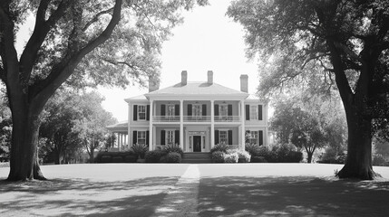 47. Southern plantation house with magnolia trees, a grand lawn, and a wrap-around porch