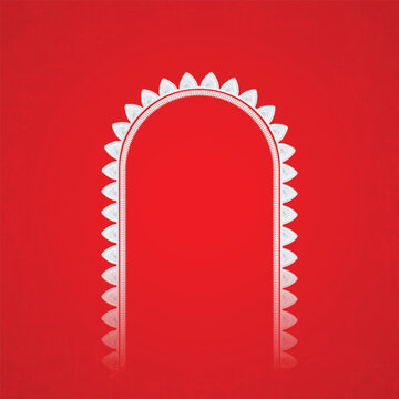 Durga Puja, Frame, Border, arch gateway on vibrant red background, Durga Puja Background. advertisement, Durga Puja Poster, Ganesh Chaturthi, Sale, Happy Durga Puja, Design. 
