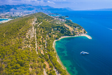 aerial view of the coast of Marjan hill, Split Croatia, famous tourist resort.