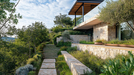 49. Hilltop house with a terraced garden, stone walls, and breathtaking views
