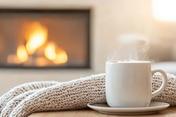 A cozy scene with a steaming mug, knit blanket, and warm fireplace in the background, perfect for winter comfort.
