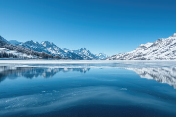 A breathtaking, vast frozen lake mirrors the stunning mountains under a clear blue sky, creating a serene winter landscape.