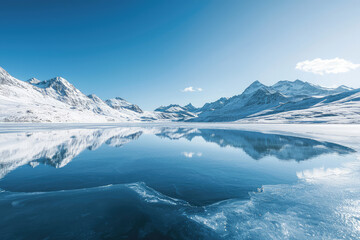 A breathtaking view of a vast frozen lake surrounded by majestic mountains, reflecting a brilliant blue sky.
