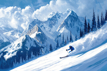 A skier dashes down a pristine snow-covered slope, carving through powder with thrilling grace amid majestic mountain views.