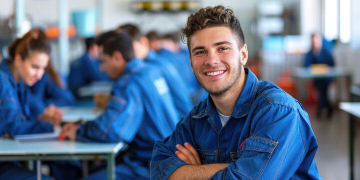 plumber technician electrician handyman construction builder carpenter education, young male student in blue uniform sitting in school classroom