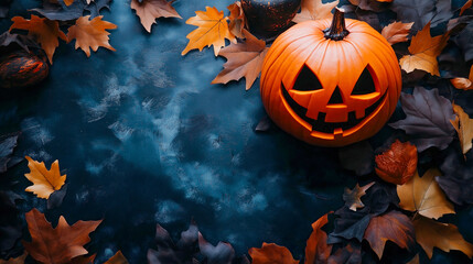 Fototapeta premium Halloween composition with jack-o'-lantern and autumn leaves on a moody blue background. Perfect for eerie holiday designs