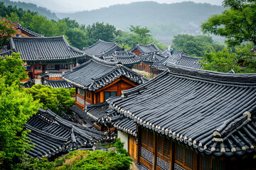Fototapeta premium Discover the Serenity of Traditional Korean Houses Embraced by Lush Nature and Misty Mountains - A Cultural Masterpiece!