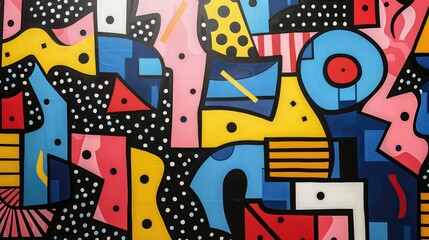 Abstract geometric pattern with vibrant colors and bold shapes on a black background.  Perfect for modern and contemporary design.