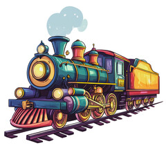 PNG Colorful steam locomotive on tracks with smoke rising, ideal for a vintage transport scene