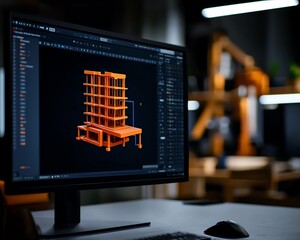 Detailed view of a computer screen displaying a finite element analysis FEA model of a building
