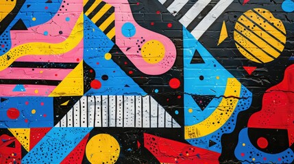 Abstract geometric pattern with vibrant colors and bold shapes painted on a textured surface.