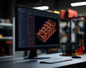 Detailed view of a computer screen displaying a finite element analysis FEA model of a building