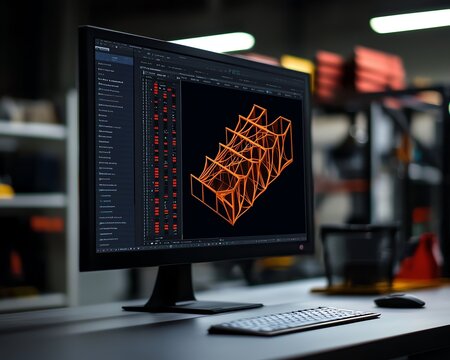 Detailed view of a computer screen displaying a finite element analysis FEA model of a building