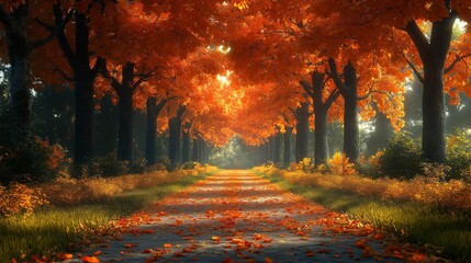 Fototapeta premium Sunlit Autumn Path Lined with Majestic Trees Covered in Vibrant Orange Foliage and Dappled Light on a Serene Morning